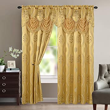 Elegant Comfort Aurora Jacquard Look Curtain Panel Set with Attached Valance 54" X 84 inch (Set of 2), Gold (AURORA-2PC Set- Curtains-Gold)