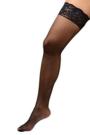 Plus Size Hosiery Black Fishnet Lace Top Stay Up Silicone Thigh High Stockings