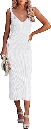 MEROKEETY Womens 2024 Summer V Neck Knit Midi Dress Bodycon Sleeveless Ribbed Sweater Dresses