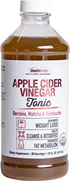 DietWorks Organic Apple Cider Vinegar Tonic with Garcinia, Matcha & Kombucha, Certified Organic, Natural Cleanse and Detox, 16 fl. oz, White and Red