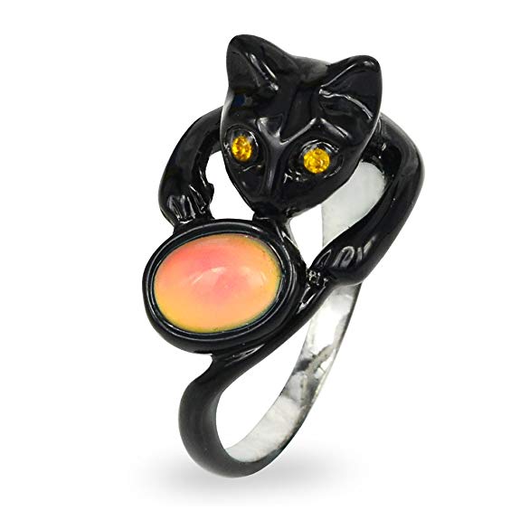 Fun Jewels Cute Black Cat Kitty Animal Wrap Color Change Oval Stone Mood Ring For Pet Lovers