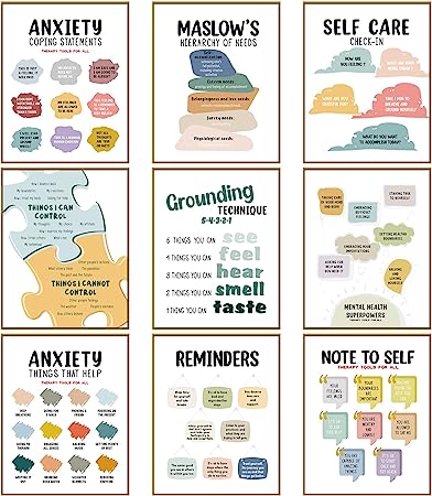 9 Pieces Mental Health Posters Anxiety Therapy Motivational Poster Psychologist Counselor Inspirational Posters Positive Quotes Wall Decor Classroom for Home Office, 8 x 10 Inch(Retro Style)