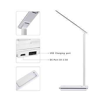 Tsing Desk Lamp, LED Table Lamps with Dimmable Touch, Eye Care Lamp with Wireless Charger for Children, 4 Modes w/ 5 Levels Dimmer & USB Charger Port, Battery Rechargeable & Powerful - White