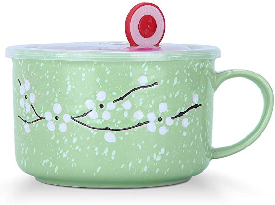 VanEnjoy 30oz Ceramic Bowl Set with Lid & Handle,Cherry Blossoms Among Snow Flake Pattern,Microwave for Instant Noodle Sara, Cereal Bowl (Green) (Green)