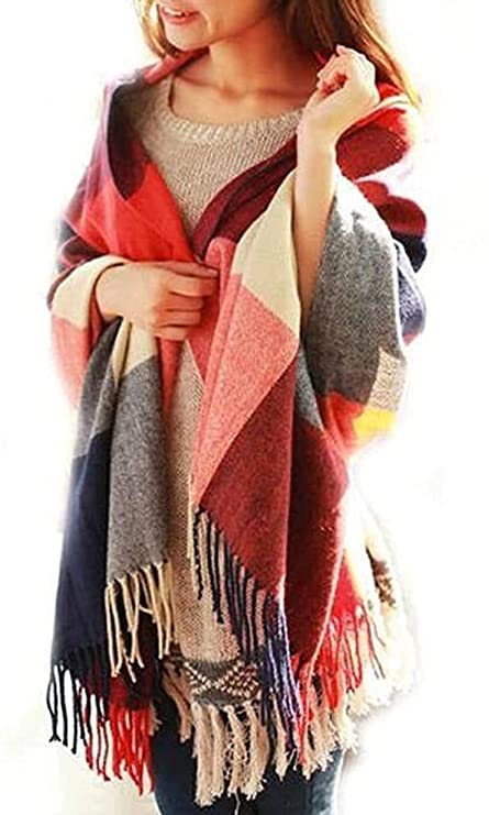 Discountfan Winter Long Soft Warm Tartan Check Scarves Wraps for women Wool Spinning Tassel Shawl Long Stole