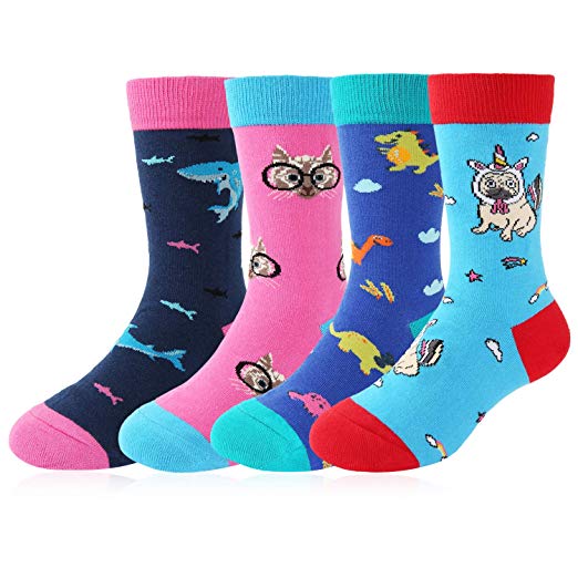Kids Boy's Novelty Funny Crew Socks Crazy Space Food Cute Animal Cool Sport Cotton Socks 4 Pack with Gift Box