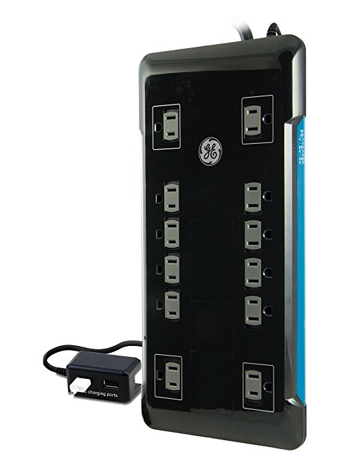 GE UltraPro 12 Outlet 2 USB Surge Protector, 8' Cord, USB Charging Dock, 2.1A, 4320 Joules, Safety Covers, Black, 11824