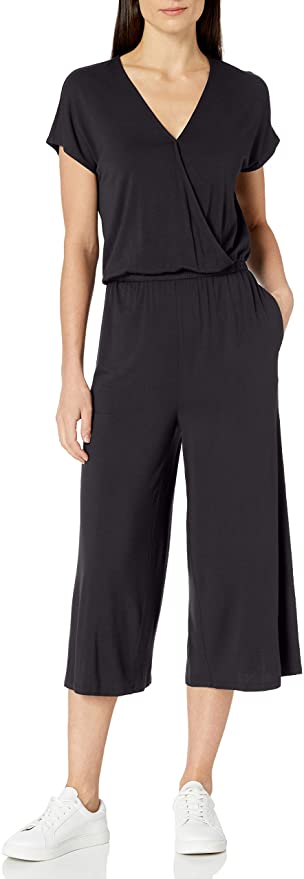 Amazon Essentials Women's Short-Sleeve Surplice Cropped Wide-Leg Jumpsuit