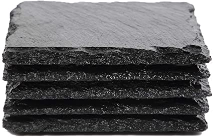 ACKEIVTO Slate Stone Drink Coasters - Set of 5 Square Black Natural Edge Stone Drink Coasters for Bar and Home- 4" x 4"