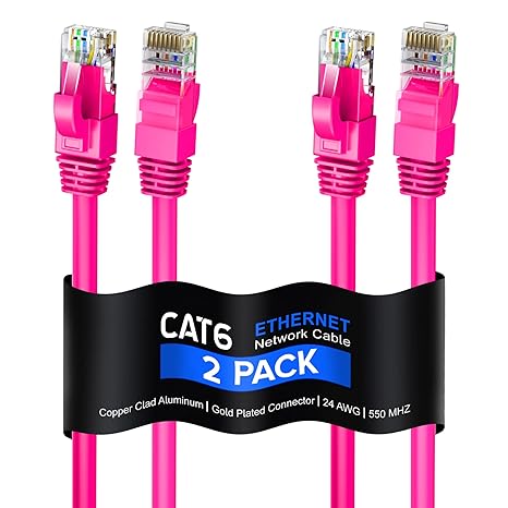 Maximm Cat 6 Ethernet Cable 3 Ft, (2-Pack) Cat6 Cable, LAN Cable, Internet Cable, Patch Cable and Network Cable - UTP (Pink) 3 Feet