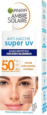 Garnier Siero Viso Protettivo Anti-Macchie Super UV, Per Pelli Sensibili, Protezione SPF 50 , Ad Assorbimento Rapido, Con Acido Ialuronico e Vitamina E, Ambre Solaire, 40 ml