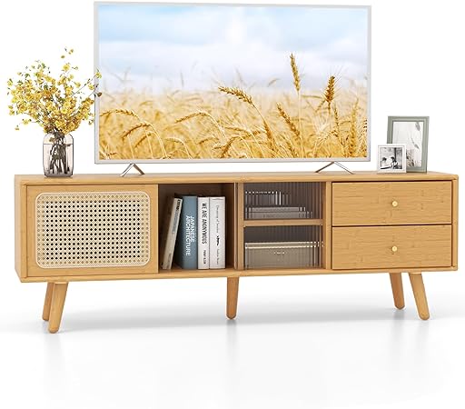 COSTWAY TV Stand for TVs up to 55"/65", Bamboo TV Cabinet Media Entertainment Center with Sliding Rattan & Glass Doors, Adjustable Shelf, Living Room Bedroom TV Unit Console Table (140cm for 65" TVs)