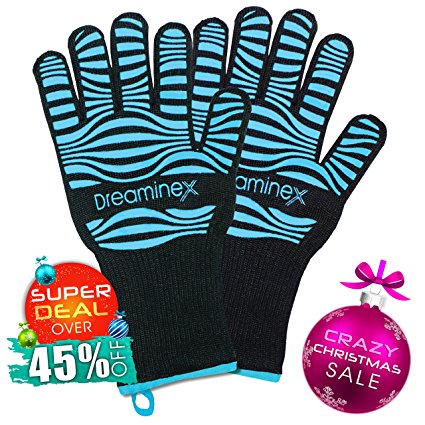 Christmas Sale: Over 45% Off - Heat Resistant Gloves. Extra Long. Certified: up to 932F. Aramid Fiber & Silicone Covering - Protecting Your Hands in Kitchen, Barbecue, Oven, Baking, Cooking & Grill
