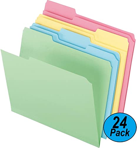 1InTheOffice Assorted Colors File Folders Top-Tab File Folders, 3 Tab, 5 Assorted Pastel Colors, Letter Size, 24/Pack