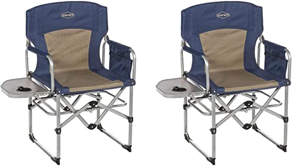 Kamp-Rite Compact Directors Outdoor Supportive Folding Chair for Camping or Tailgating with Side Table and Cup Holder, Navy (2 Pack)