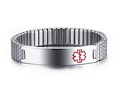 Unisex Stainless Steel Medical Alert ID Stretch Bracelet for Men and Women, Free Engraving