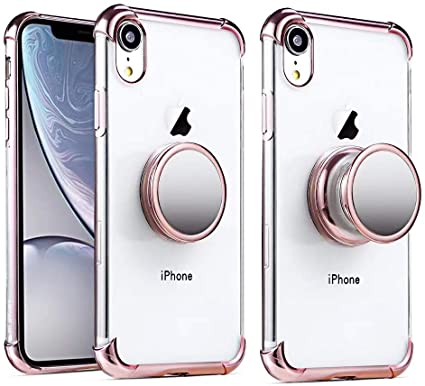 iPhone XR Clear Case with Stand Premium Soft TPU Protective Shockproof Case with Kickstand Grip Iron Mirror Fit Car Mount (Clear Rose Gold)