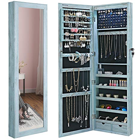 SONGMICS Lockable Jewelry Cabinet Armoire, Wall-Mounted Storage Organizer Unit, with Mirror and Various Compartments for Necklace Earrings, Rustic Green UJJC93UJ