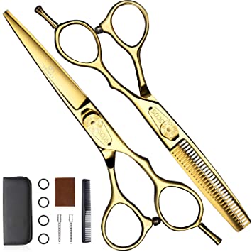 Professional Barber Hair Cutting Scissors, OriHea Haircut Thinning Shears Set with Fine Adjustment Tension Screw, Japanese Stainless Steel 6.5 inch for Hairdressing, Home Salon - Gold