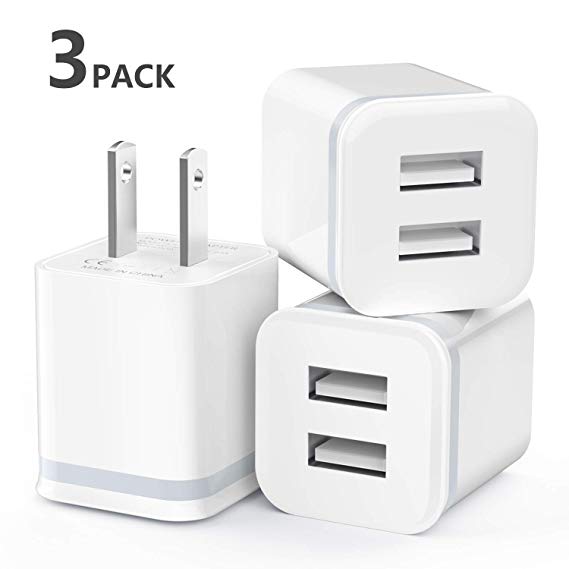 USB Wall Charger, LUOATIP 3-Pack 2.1A/5V Dual Port USB Cube Power Adapter Charger Plug Charging Block Replacement for iPhone Xs/XR/X, 8/7/6 Plus, Samsung, LG, HTC, Moto, Android