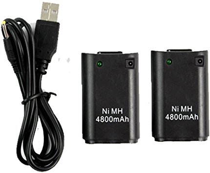 BESDATA Ultra High Capacity 2-pack 4800mAh Rechargeable Batteries & USB Charging Cable for Xbox 360 Wireless Controller - Perfect for Replacement - W0051 [Xbox 360]