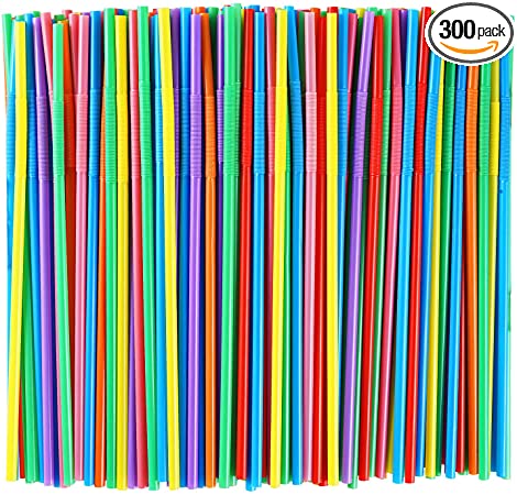 300 Pcs Colorful Plastic Long Flexible Straws.(0.23'' diameter and 10.2" long)