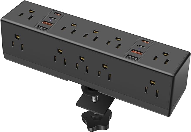 VILONG Black Desk Clamp Power Strip USB C,PD 30W USB C Ports,Desk Edge Clamp Power Strip 10 AC Outlets 8 USB Ports,6ft Cord,1200J Surge Protector