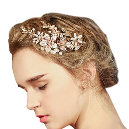 FAYBOX Wedding Bridal Golden Floral Hair Clips With Bling Rhinestone Prom Accessories Decoration D