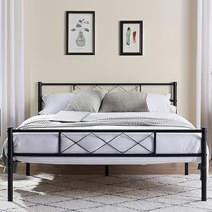 VECELO Queen Size Bed Frame with Headboard, Heavy-Duty Platform with Strong Metal Slats, No Box Spring Needed, Easy Assembly, Matte & Black