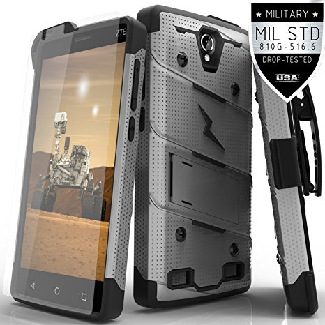 ZTE ZMAX 2 Z955L Z958 Case, Zizo® Bolt Cover [.33m 9H Tempered Glass Screen Protector] Included [Military Grade] Armor Case Kickstand Holster Clip