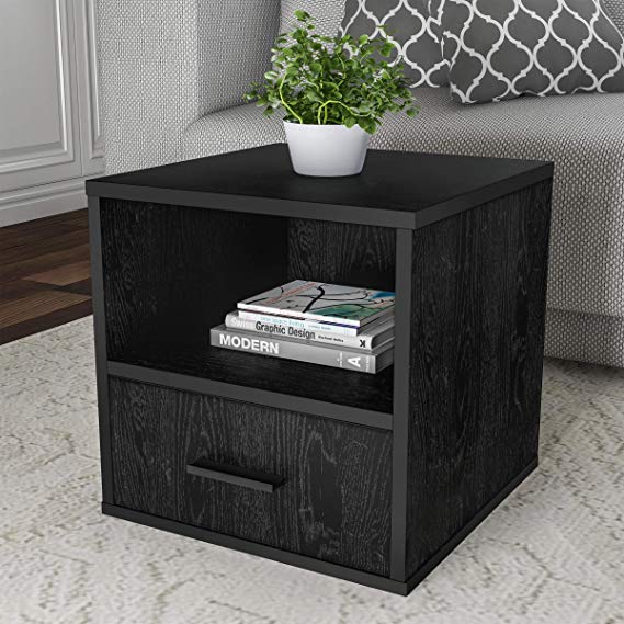 Lavish Home 80-MOD-8 End Stackable Contemporary Minimalist Modular Cube Accent Table with Drawer for Bedroom, Living Room or Office (Black),