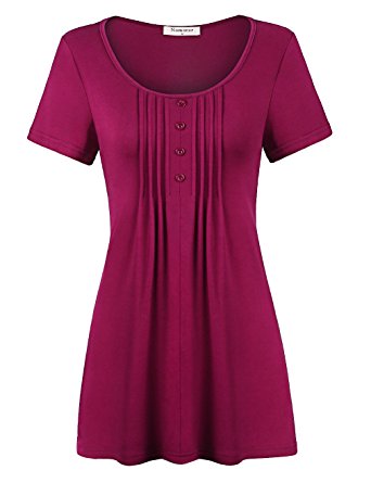 Nomorer Womens Pleated Front Short Sleeve Scoop Neck Knit Tunic Tops