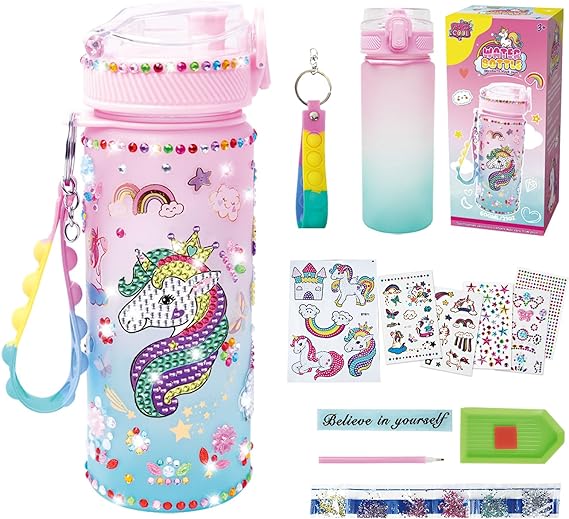 Decorate Your Own Water Bottle Kits for Girls Age 4-13, Unicorn Gem Girls Diamond Painting Crafts, Arts and Crafts Kits Toys Unicorn Gifts for 3-10 Year Old Girls Kids Birthday (Unicorn 600ml)