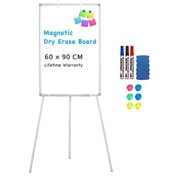 Flipchart Easel Whiteboard , Magnetic Portable White Board 90 x 60cm Stand Dry Erase Board Height Adjustable Tripod Marker Board for Office or Teaching at Home & Classroom