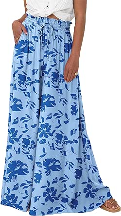 BTFBM Women Casual High Waist Wide Leg Pants Summer Floral Solid Long Palazzo Pants Lounge Beach Trousers with Pocket