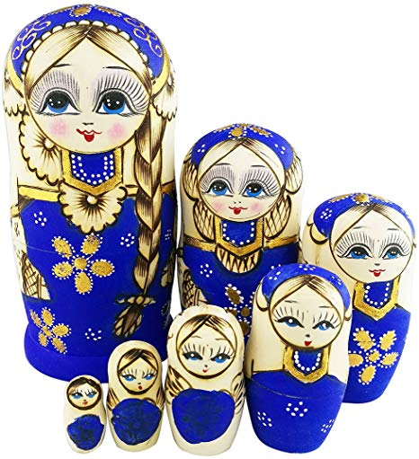 Set of 7 Blue Cute Little Girl with Big Braid Handmade Matryoshka Dolls Russian Nesting Dolls Wooden Kids Gifts Toy Gift Christmas Birthday New Year Present Home Decoration