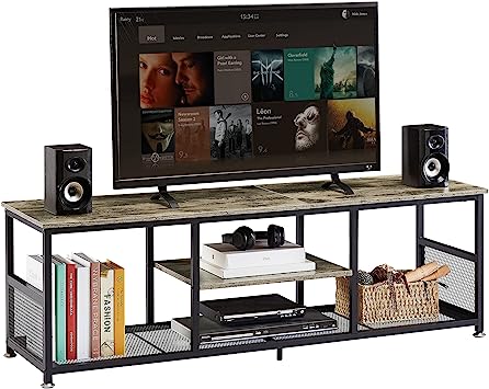 VECELO Industrial TV Stand for Televisions up to 60 Inch, 55" Entertainment Center with Open Storage Shelves for Living Room/Bedroom, 3 Tiers Media Console Table with Metal Frame, Grey, 55 Inches