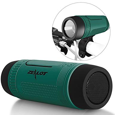 ZEALOT S1 Portable Waterproof Wireless Bluetooth Speaker with Toolless Bracket and Carabiner, Bike Accessory with Mobile Power Bank, Emergency Torchlight, TF Card Music Player (Green)