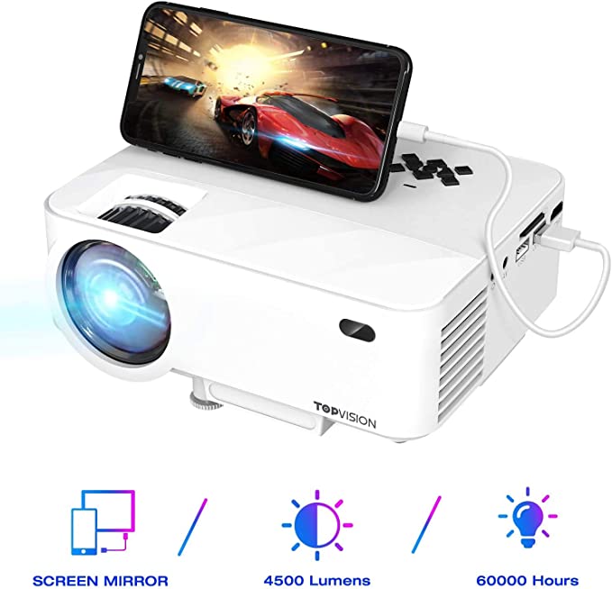 Mini Projector TOPVISION Projector With Screen Mirroring Upgrade 4500 Lumens and HD 1080P Projector 180” Display, with 60,000 hrs Compatible with Fire Stick, HDMI, VGA, USB, TV, Box, Laptop, DVD