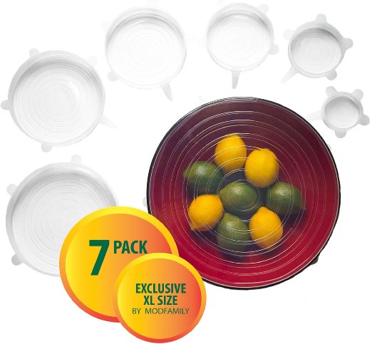Silicone Stretch Lids 7 pack includes EXCLUSIVE XL SIZE Reusable Durable and Expandable to Fit Various Sizes and Shapes of Containers Superior for Keeping Food Fresh Dishwasher and Freezer Safe