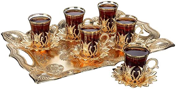 (Set of 6) DEMMEX Turkish Tea Glasses Saucers Set with Tray and Spoons, 25 Pieces, 3.5 Oz. (Gold)