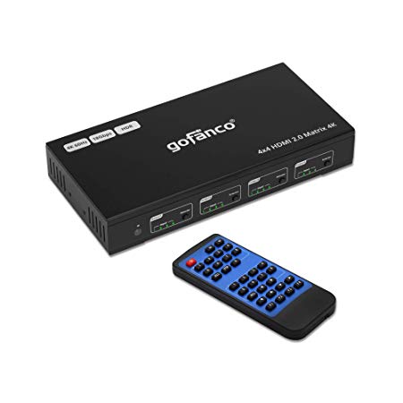 gofanco 4x4 HDMI 2.0 Matrix Switcher W/IR Remote & Web GUI Control - (4K 60Hz YUV 4:4:4, HDR) - HDMI 2.0, HDCP 2.2/1.4, SPDIF Audio Output Extractor, 18Gbps, EDID, RS-232, 4 In 4 Out Video