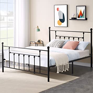 VECELO Queen Size Bed Frame Heavy Duty Metal Platform with Headboard and Footboard, Strong Steel Slat Support / No Box Spring Needed Mattress Foundation/ Underbed Storage Space, Victorian Style, Black