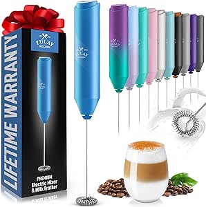 Zulay Kitchen Powerful Milk Frother Wand - Mini Milk Frother Handheld Stainless Steel - Battery Operated Drink Mixer for Coffee, Lattes, Cappuccino, Matcha - Froth Mate Milk Frother Gift - Blue