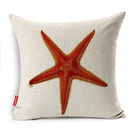 Kingla Home® Ocean Park Theme - Red Starfish 18 X 18 Inch Cotton Linen Square Decorative Throw Pillow Covers Zippered Cushion Cover for Sofa