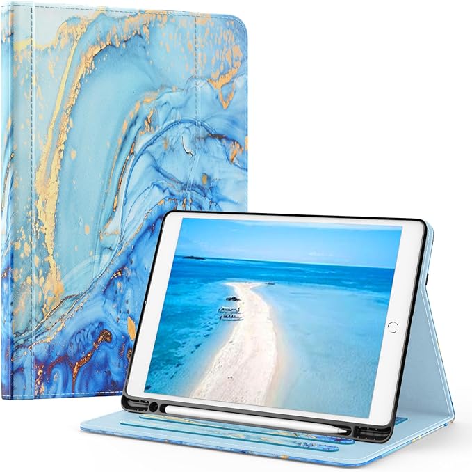 OKP Case for  iPad 9th Generation 2021 / 8th Generation 2020/ 7th Gen 2019 10.2 inch Case with Multi-Angle Viewing PU Leather Flio Stand Cover with Pencil Holder & Pocket, Auto Sleep/Wake, Marble blue