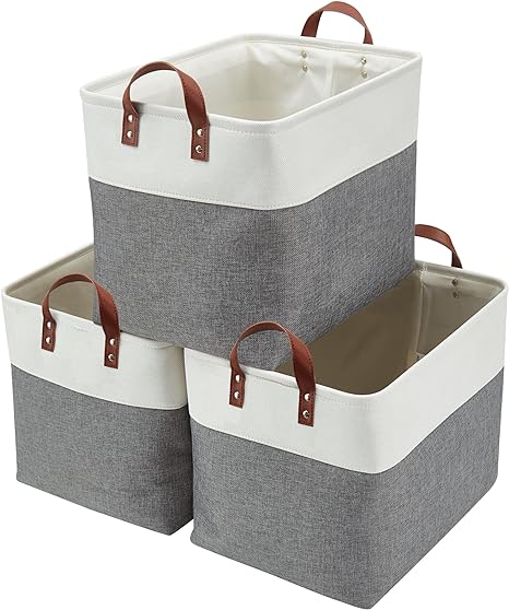 DECOMOMO Storage Baskets | Baskets for Shelves Storage Bins Large for Laundry Nursery Toys Cloth Linen Organizer Bins with Handles (Slate Grey and White, XXL - 3P)
