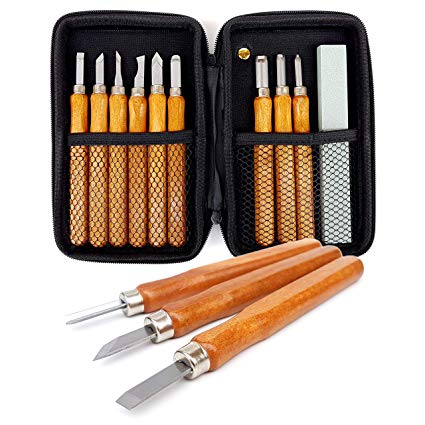 14 Piece Set Beginners Carving Kit with Protective Case, Chisels, Gouges, Scraper, V Parting Tool, Whetstones | for Wood, Clay, Sculpting, Whittling, Pumpkin, Balsa, Wax, Linoleum