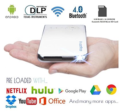Pocket Pico Mobile Projector, Android Operating System, Netflix, Hulu, HBO & Google Play Store Apps, HDMI Input, Auto Keystone Correction, 100 Ansi Lumens, 5Ghz WiFi   Bluetooth 4.0