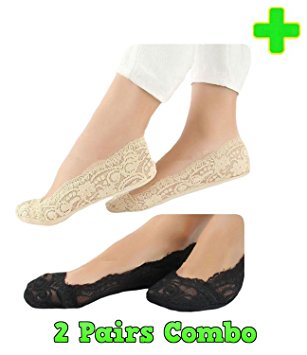 HealthyNees Women's 2 Pairs Combo Set Low Cut Breathable Lace Invisible No Show Boat Shoes Heels Socks